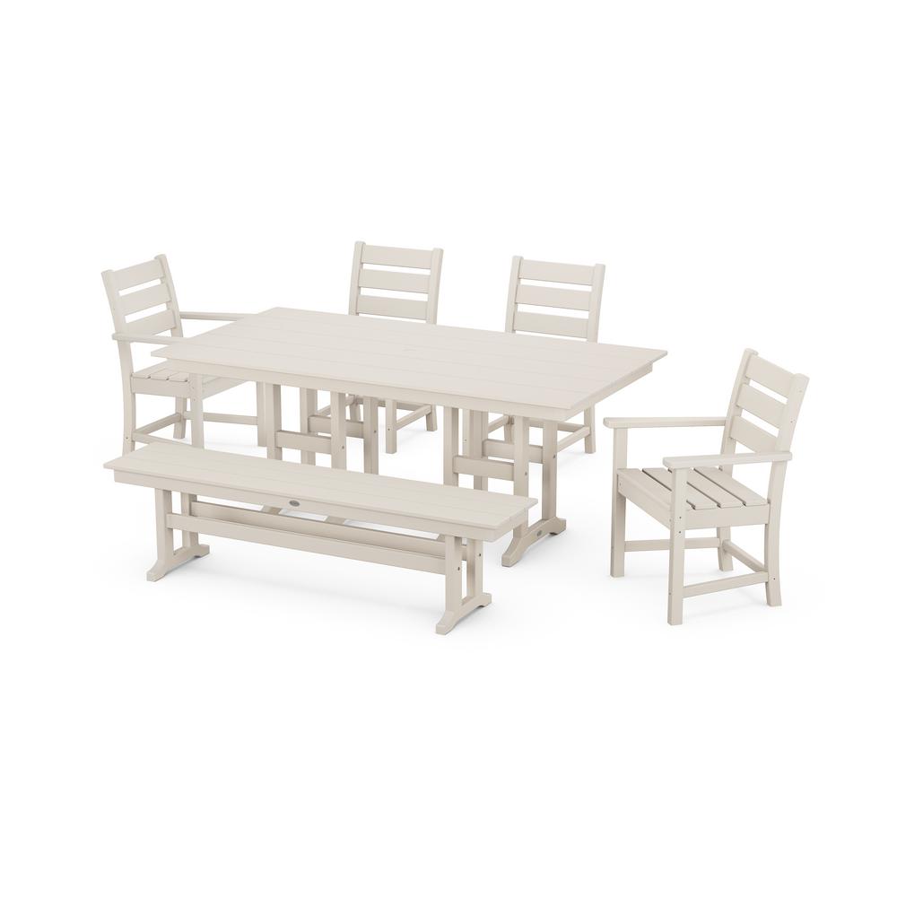 POLYWOOD Grant Park Sand 6-Piece Plastic Outdoor Dining Set with Bench ...