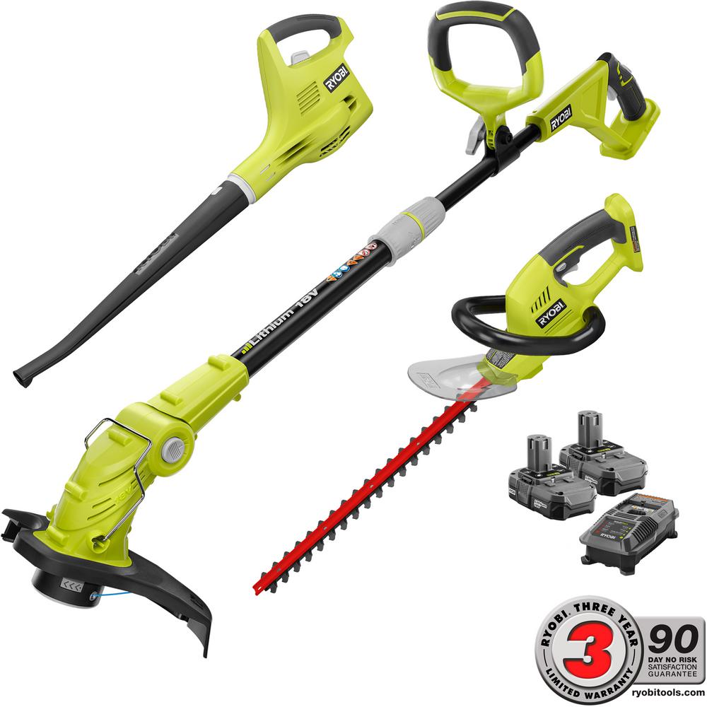 RYOBI ONE+ 18-Volt Lithium-Ion Cordless Trimmer/Blower/Hedge Combo Kit - Two 1.3Ah Batteries and Charger Included