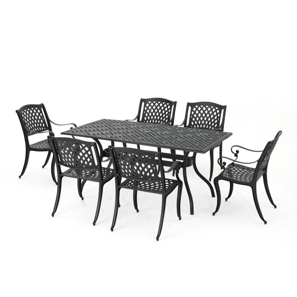 Modern Cast Aluminum Patio Furniture Outdoors The Home Depot Cayman Black 7 Piece Aluminum Rectangular Outdoor Dining Set