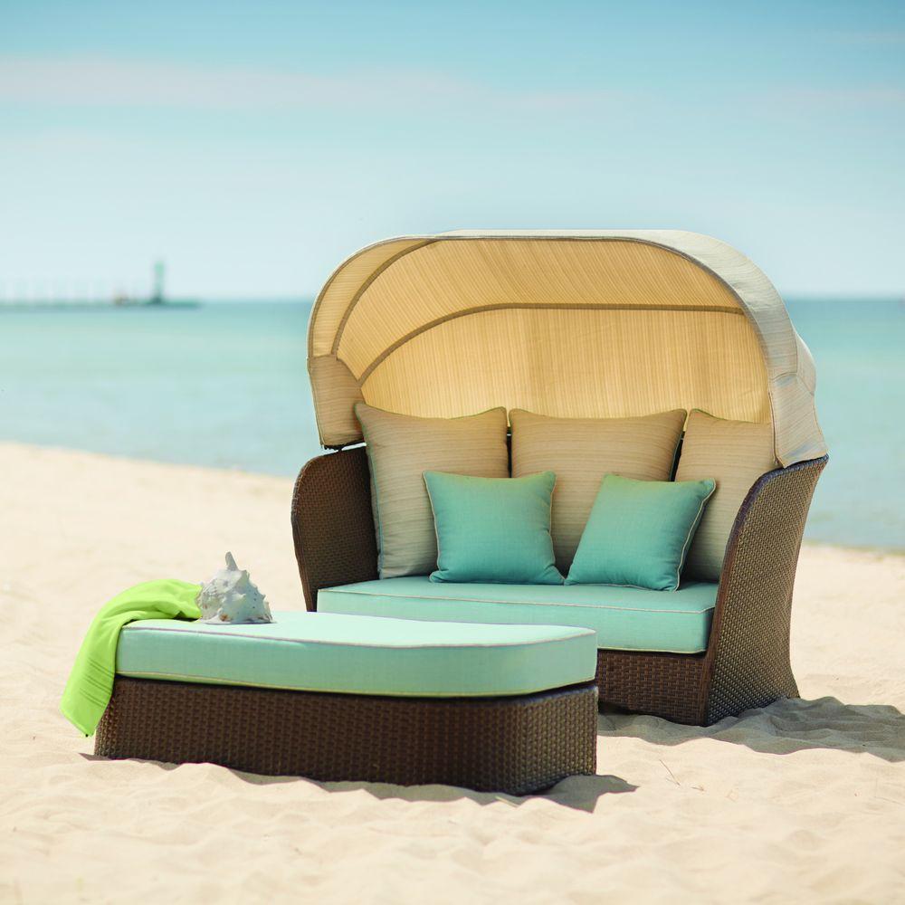 Outdoor Daybeds Lounge Furniture The Home Depot Deerfield All Weather Wicker Patio Day Bed With Blue Cushions