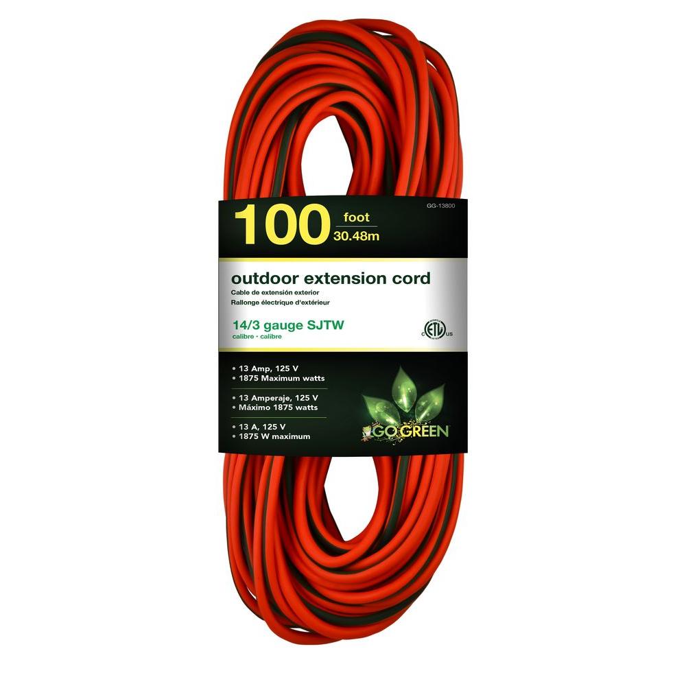 Go Green 100 Ft 14 3 Sjtw Outdoor Extension Cord Orange With Lighted Ends