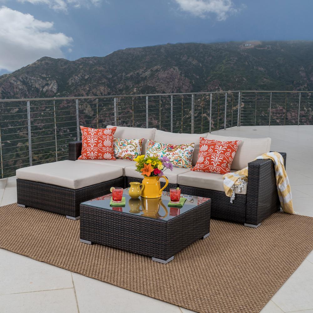 Noble House Santa Rosa Multi Brown 5 Piece Wicker Outdoor Sectional Set With Beige Cushions