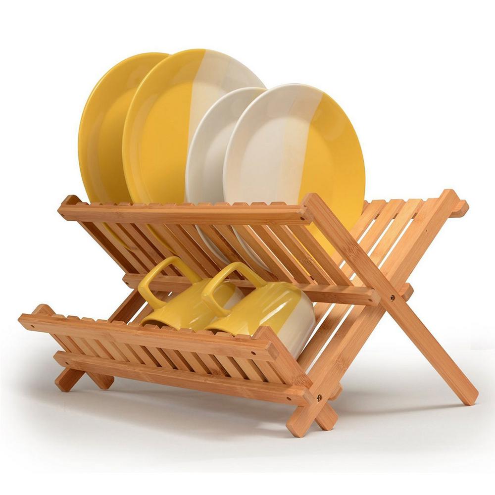 Bambusi Bamboo Folding Dish Rack, Light Brown Wood
