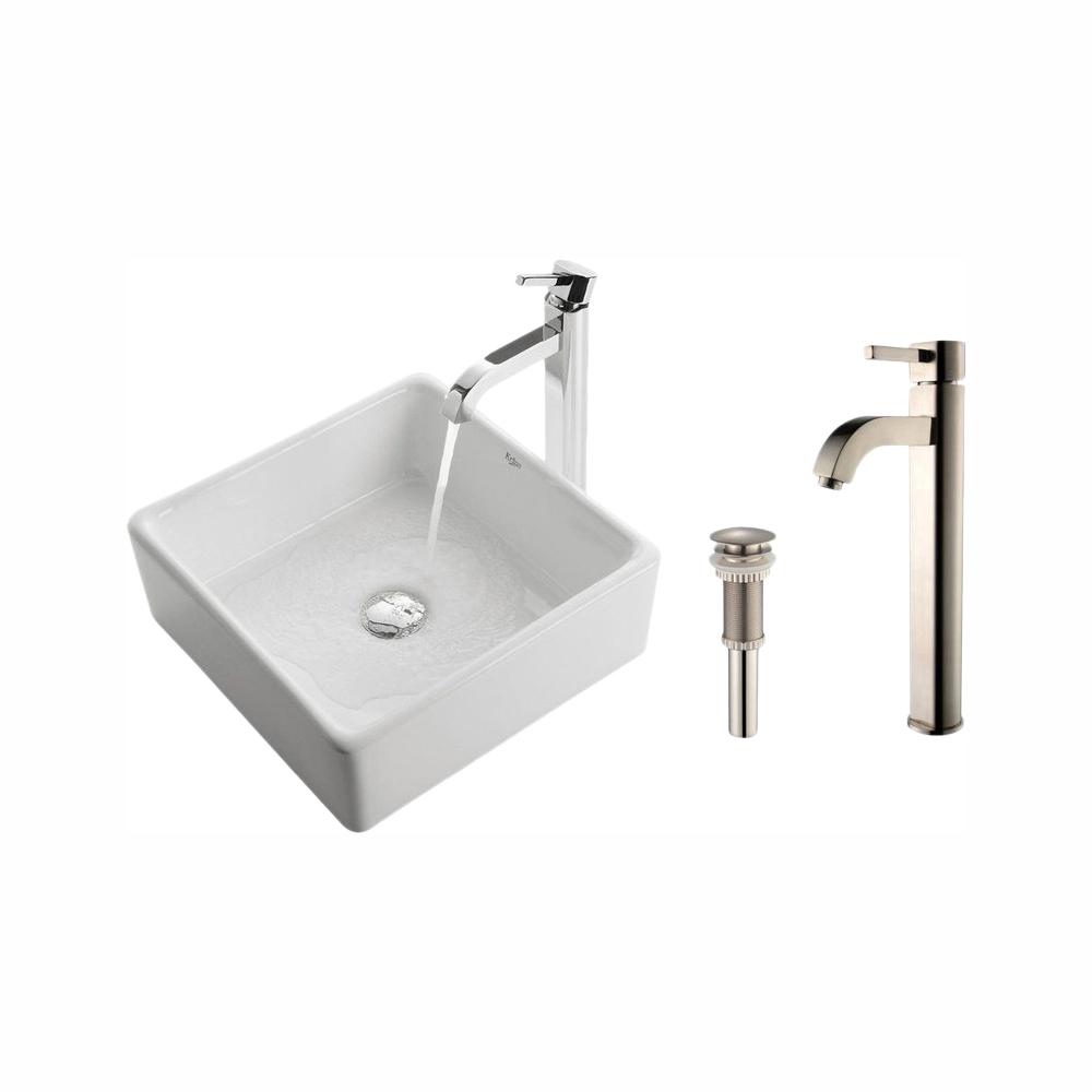 Kraus Soft Rectangular Ceramic Vessel Sink In White With Ramus Faucet