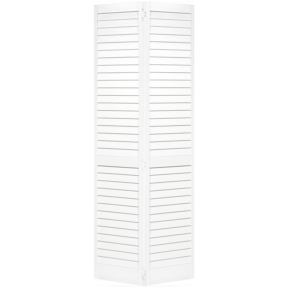 28 in. x 80 in. Plantation Louvered Solid Core Painted White Wood ...