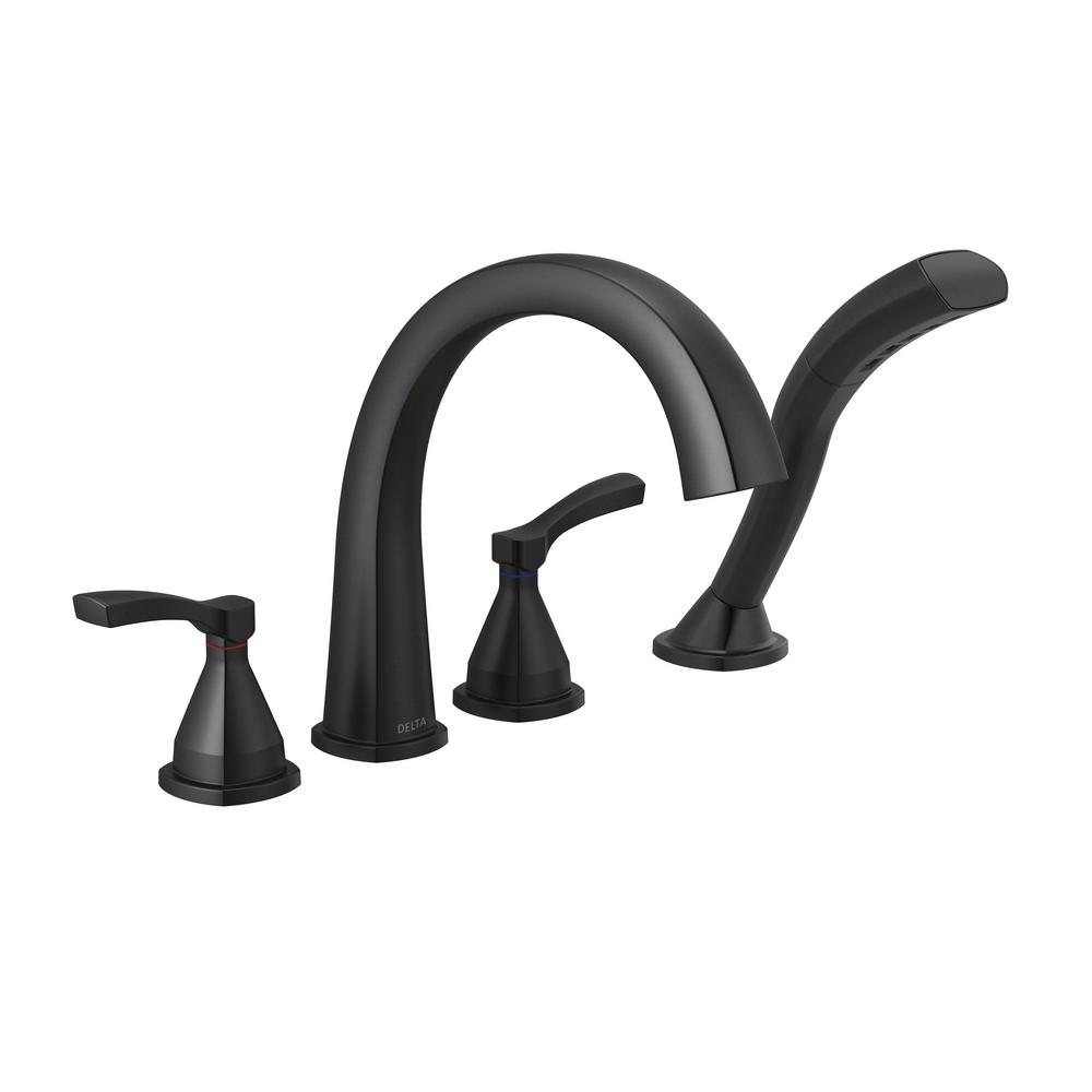 Delta Stryke 2 Handle Deck Mount Roman Tub Faucet Trim Kit In Matte Black With Hand Shower 4281