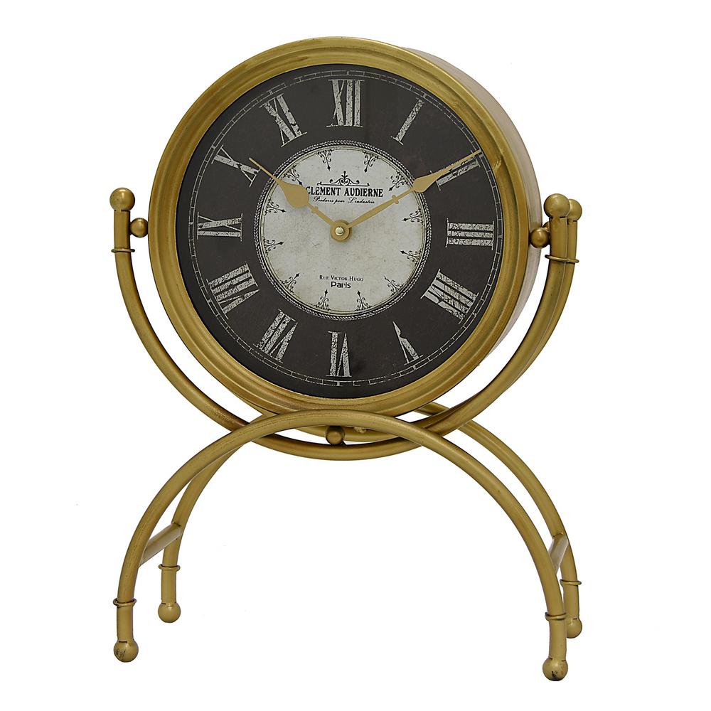 THREE HANDS 14.5 inch x 6 inch Metal Table Clock in Gold by THREE HANDS