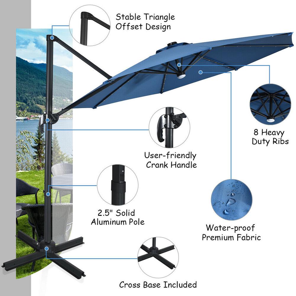 Costway 10 Ft Aluminum Cantilever Solar Led Offset Patio Umbrella In Blue With 360 Rotation Op70280bl The Home Depot