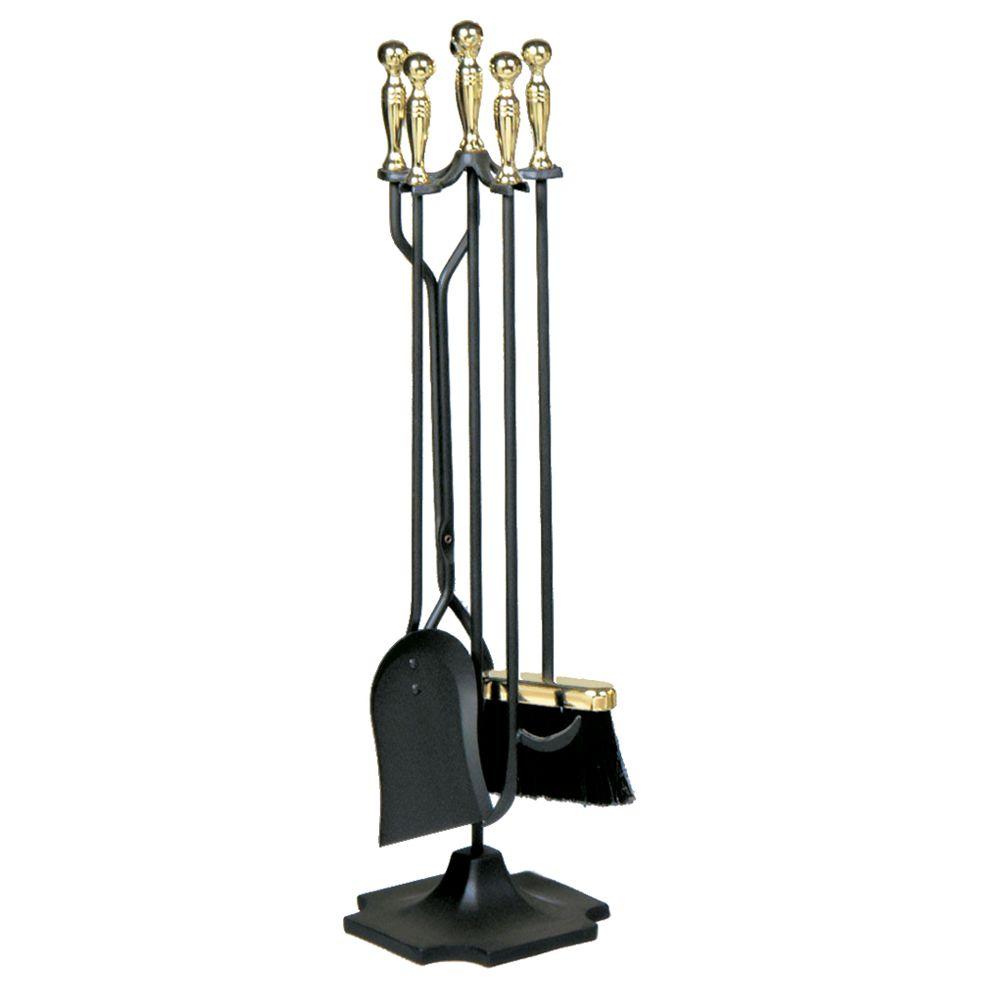 Uniflame Polished Brass And Black Finish 5 Piece Fireplace Tool