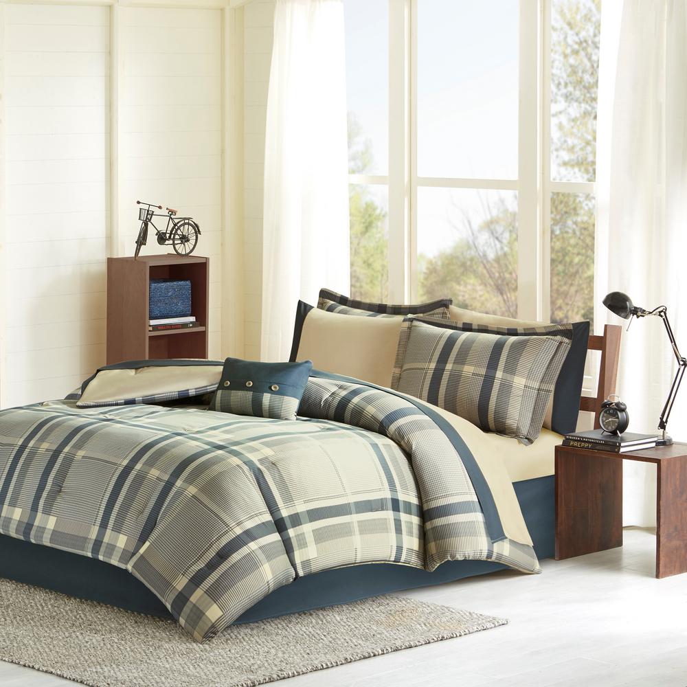 Twin XL Full Queen Bed Bag Blue White Gray Stripe Sporty 7pc Comforter Sheet Set