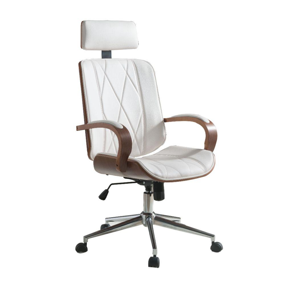 Benjara White Pu And Walnut Brown Faux Leather Office Chair Adjustable Height Swivel Bm191439 The Home Depot