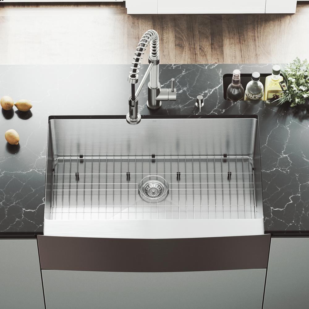 VIGO All-in-One 33 in. Bedford Stainless Steel Single Bowl Farmhouse Kitchen Sink with Pull Down Faucet in Stainless Steel, Satin was $699.9 now $489.9 (30.0% off)