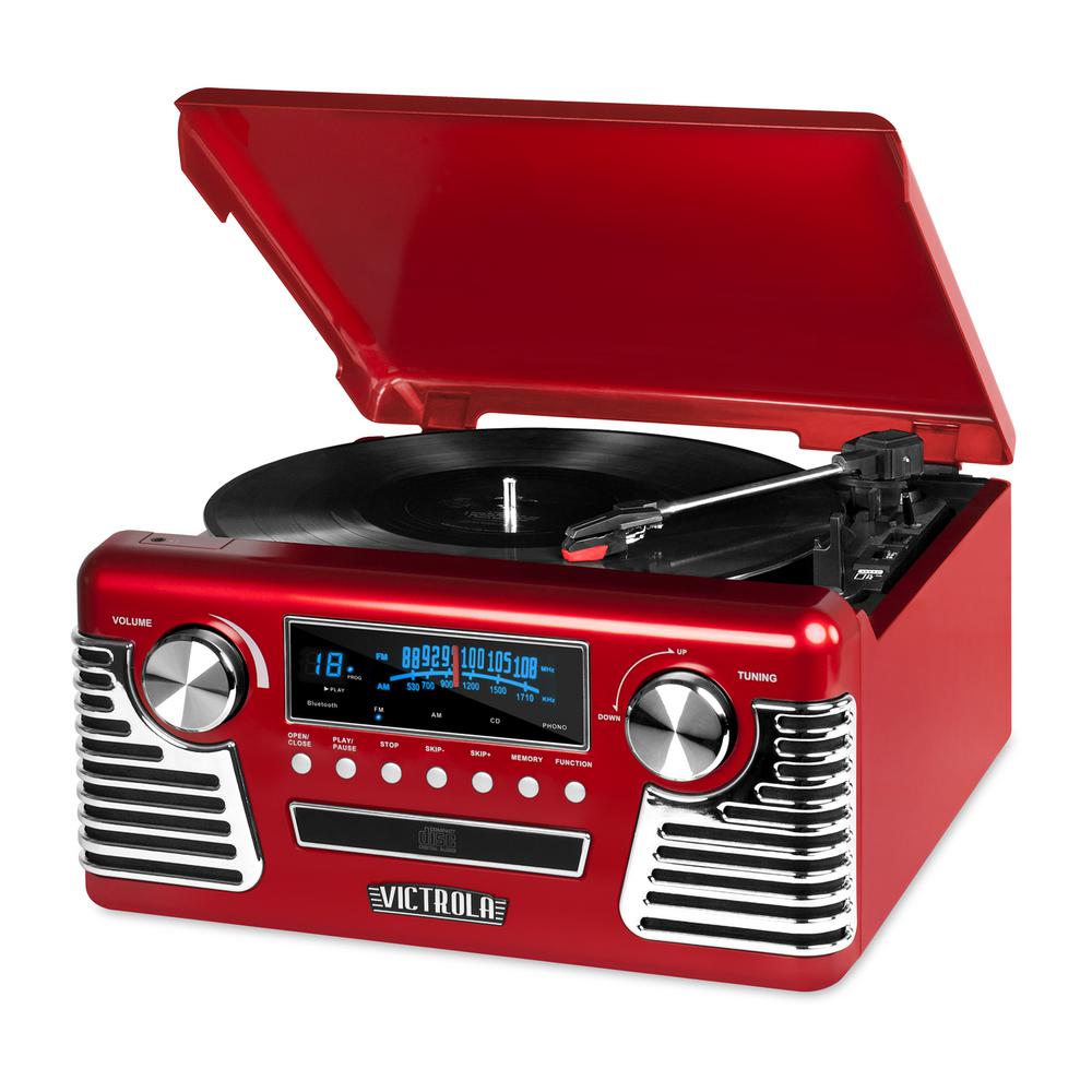 victrola modern matte white turntable with bluetooth speakers