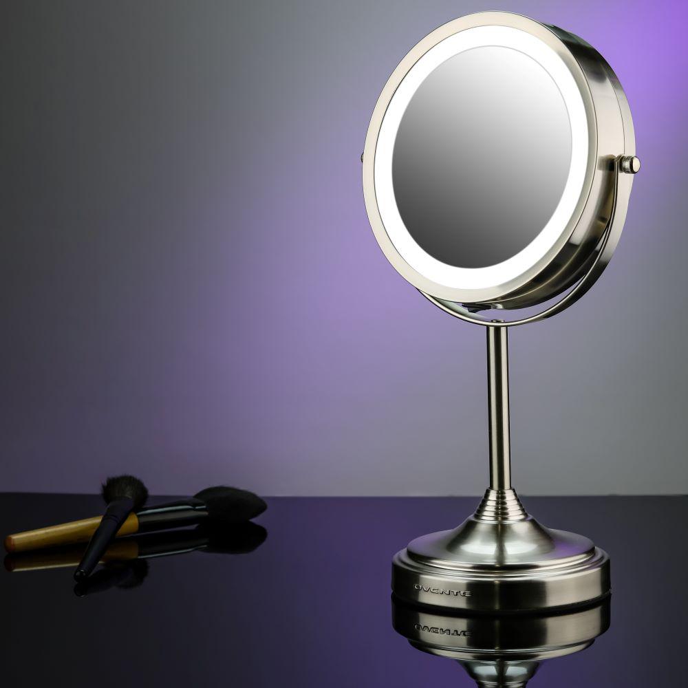 Nickel Brushed Led Lighted Tabletop Makeup Mirror With Dual Sided