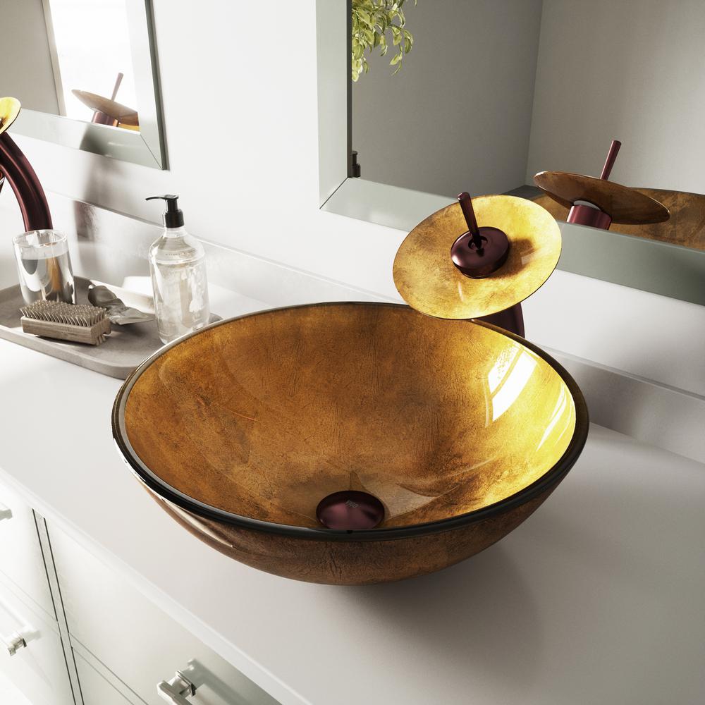 Vigo Glass Vessel Bathroom Sink In Liquid Gold With Waterfall Faucet Set Oil Rubbed Bronze