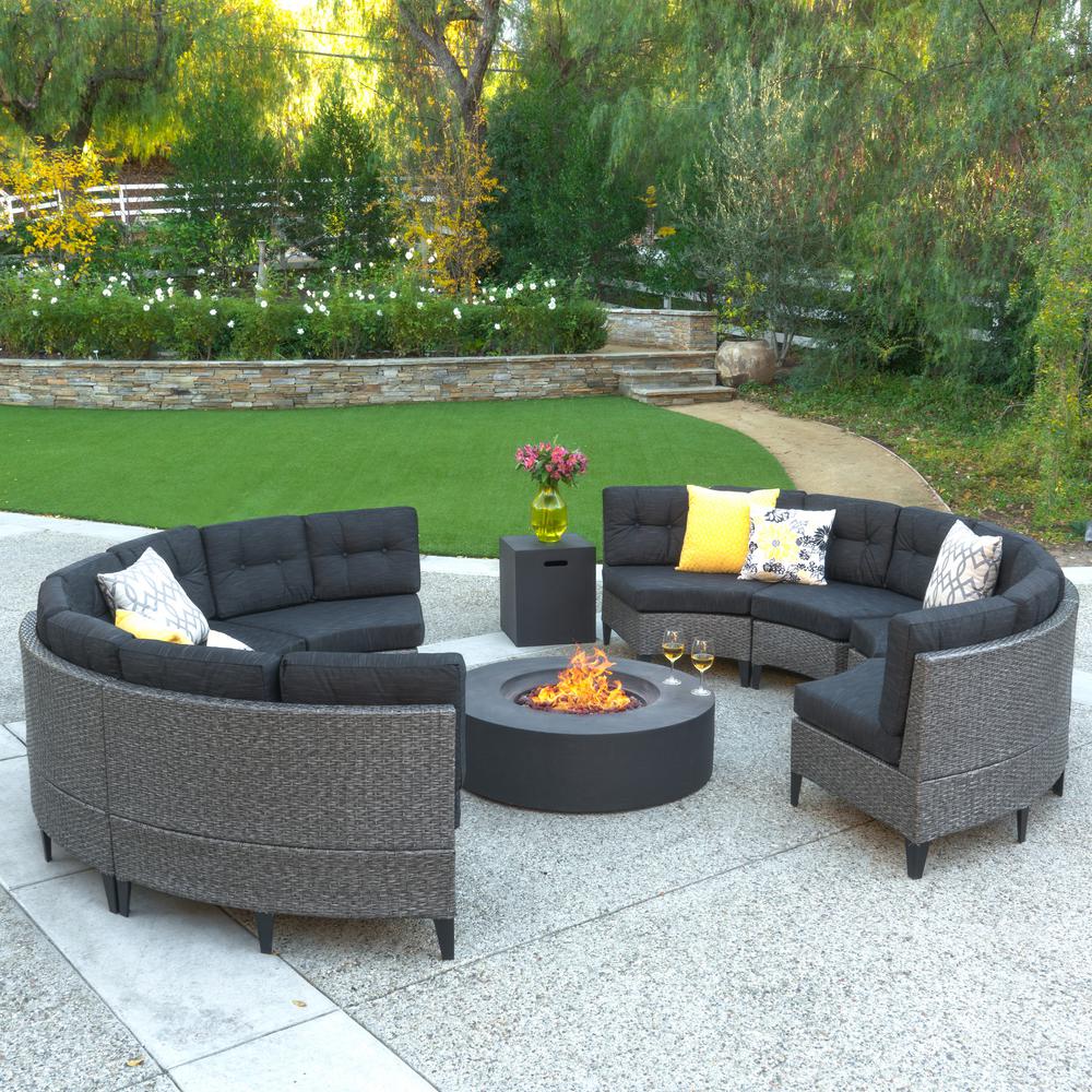 10-piece wicker patio fire pit sectional seating set with dark gray cushions