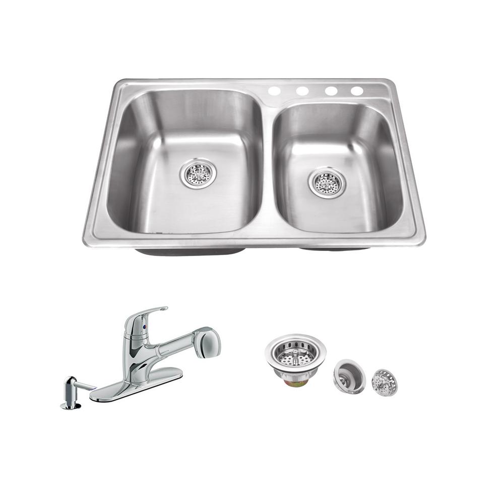 Ipt Sink Company All In One Drop In Stainless Steel 33 125 In 4 Hole 60 40 Double Bowl Kitchen Sink With Polished Chrome Kitchen Faucet