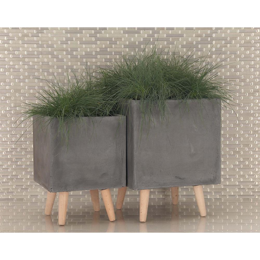 Large 18 in., Small 15 in. Black Fiber Clay Wood Planters (2Pack