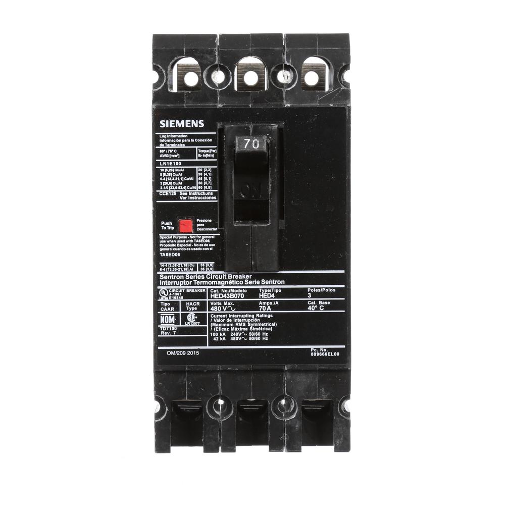 Siemens 70 Amp 3Pole Type ED 42 kA Circuit BreakerHED43B070 The