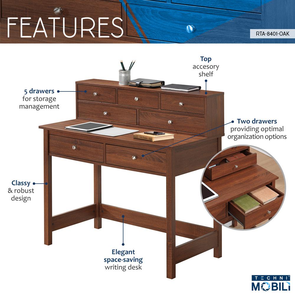 Techni Mobili Oak Elegant Writing Desk With Storage And Hutch Rta