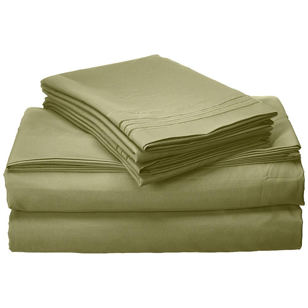 1500 Series 4 Piece Sage Triple Marrow Embroidered Pillowcases Microfiber Queen Size Green Bed Sheet Set