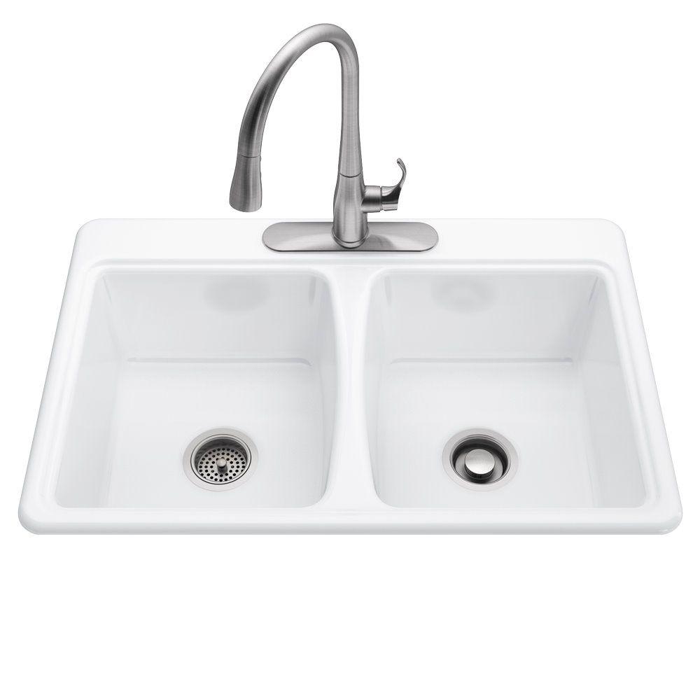 Kohler All In One Deerfield Smart Divide Self Rimming Cast Iron 33x22x9 3 Hole Kitchen Sink In White