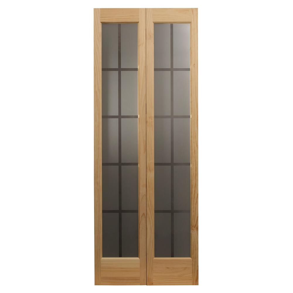 23 5 In X 78 625 In Mission Unfinished Pine Full Lite Decorative Glass Solid Core Wood Bi Fold Door