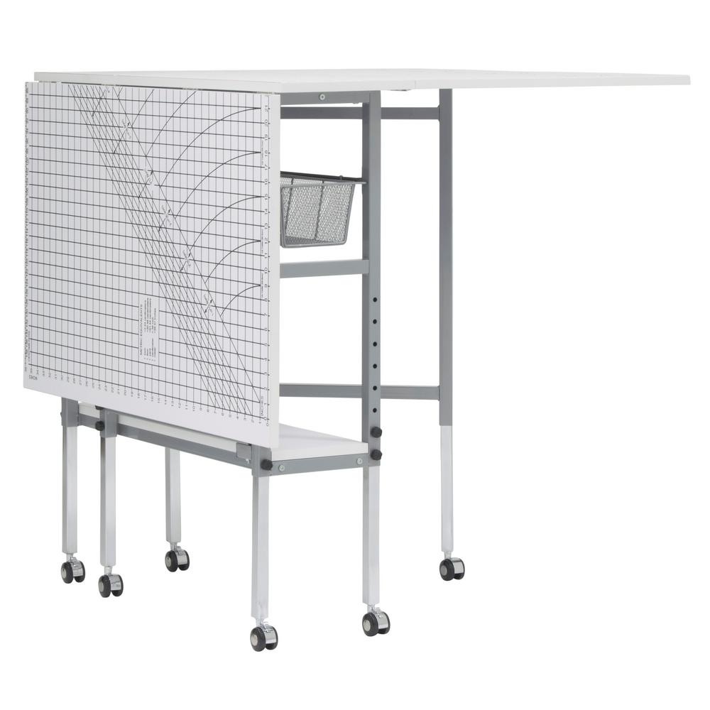 Sew Ready 58 in. W x 36 in. D MDF Folding Fabric Cutting Table, Drawers, Grid and Guides Top, Adjustable Height, Silver / White