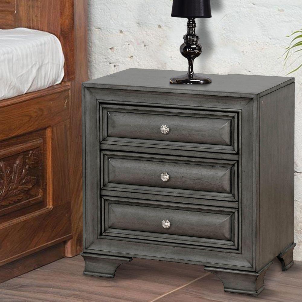 Benjara Gray 3 Drawer Wooden Nightstand With Usb Outlet And Power Cord Bm182947 The Home Depot