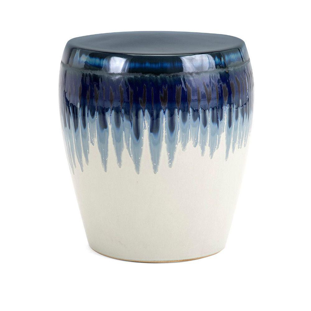 Benjara Hamako White And Blue Ceramic Garden Stool Bm138166 The