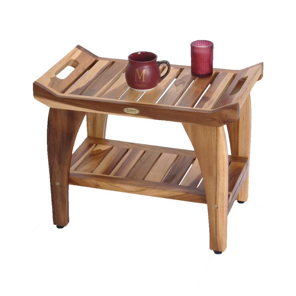 Ecodecors Earthyteak Tranquility 24 In Teak Shower Bench With Shelf Ed941 The Home Depot