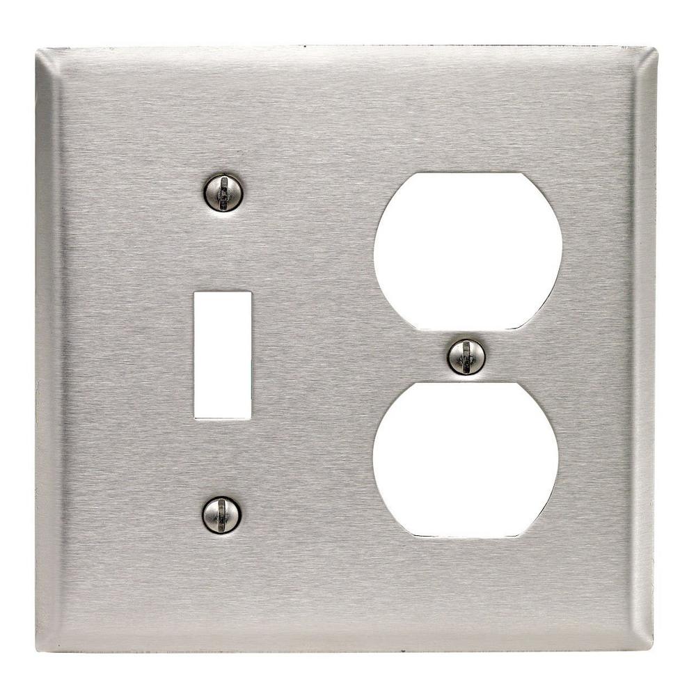 Leviton 2 Gang Standard Size 1 Toggle 1 Duplex Receptacle Combination Wall Plate Stainless 9512