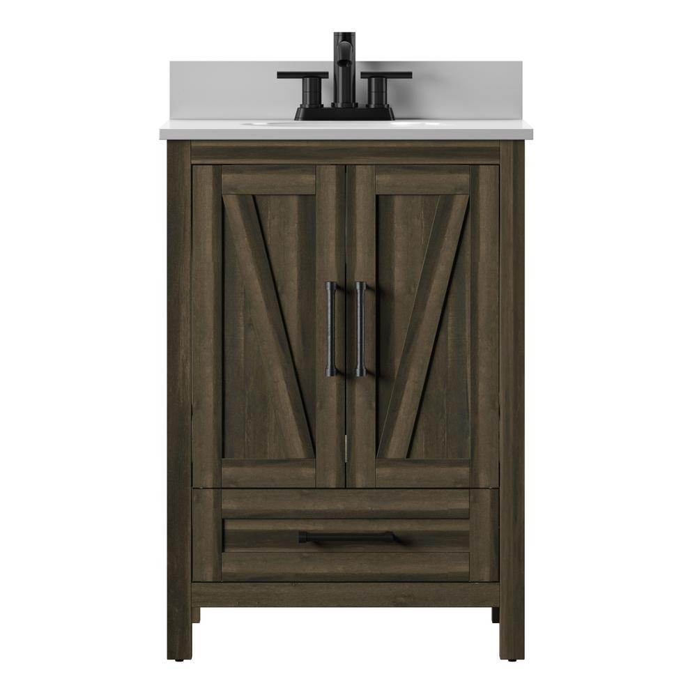 Twin Star Home Rustic 24 in. Bath Vanity in Fairfax Oak, Canyon Lake Pine Drawer with Vanity Top White Stone and Basin