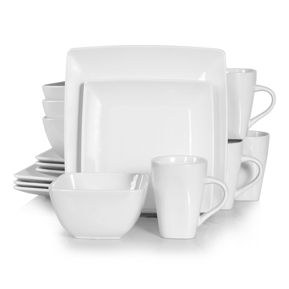 Large Dinnerware Set 16 pc Square Dinner Plates Bowls Coffee Mup Stoneware Dish