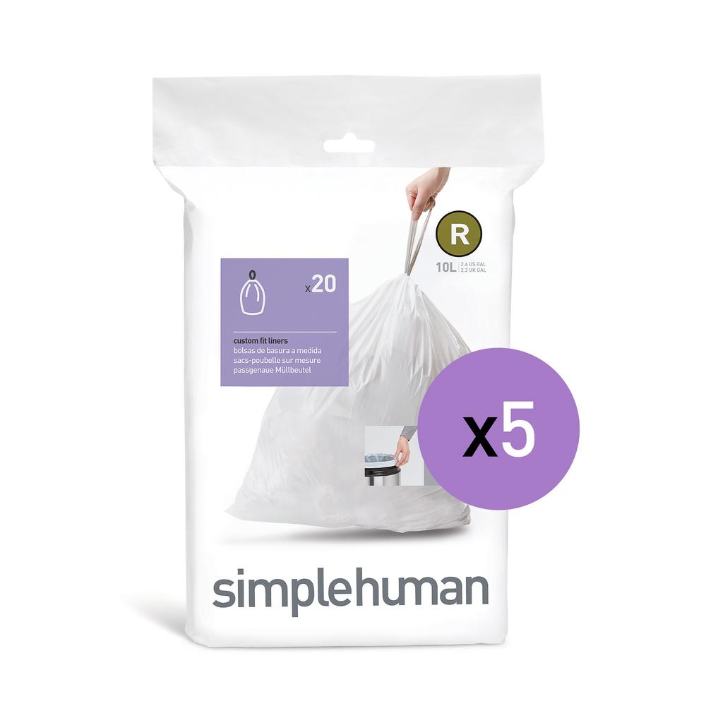 simplehuman 2.6 Gal/10 Liter Custom Fit Trash Can Liner, Code R, 100 ...