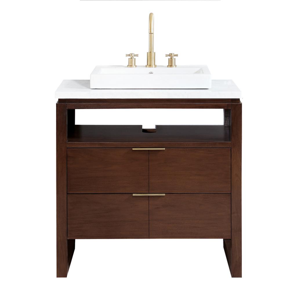 Avanity Gie 33 In W X 22 D 35 H Bath Vanity Walnut With Marble Top Carrara White Semi Recessed Avanity Gie 33 In W X 22 D 35 H Bath Vanity Walnut With Marble Top Carrara White Semi Recessed