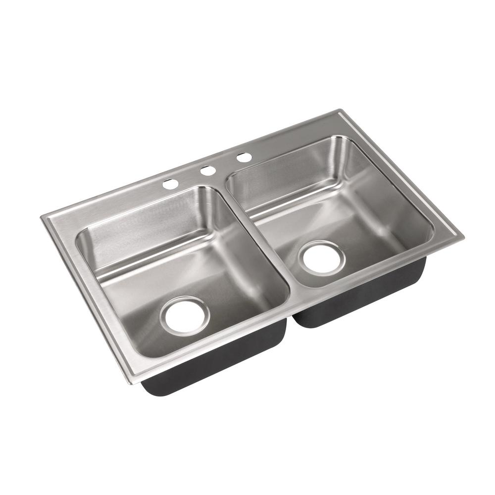 JUST MANUFACTURING 18 Gauge Stainless Steel 19 In X 33 In Double Bowl   Silver Brush Drop In Kitchen Sinks Dl 1933 A 3 64 1000 