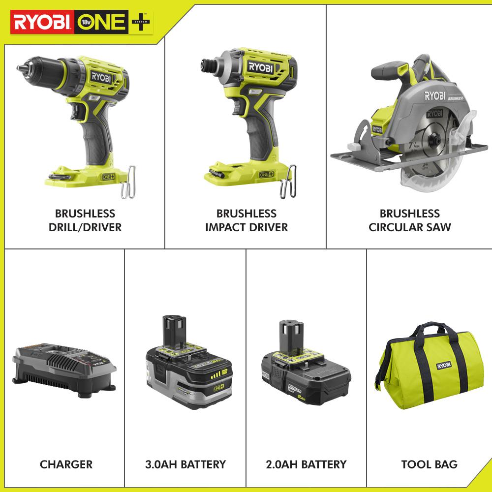 18-Volt ONE+ Li-Ion Cordless Brushless 3-Tool Combo Kit with Drill/Driver, Impact Driver, Circ Saw, Batteries, Charger