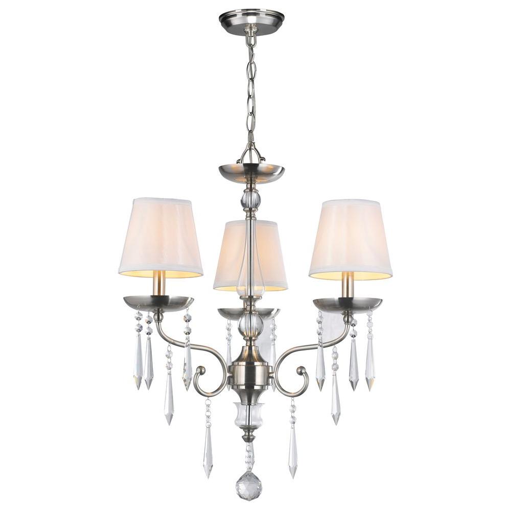 World Imports 3 Light Brushed Nickel Chandelier With Crystal Adorned World Imports 3 Light Brushed Nickel Chandelier With Crystal Adorned White Silk Fabric Shade