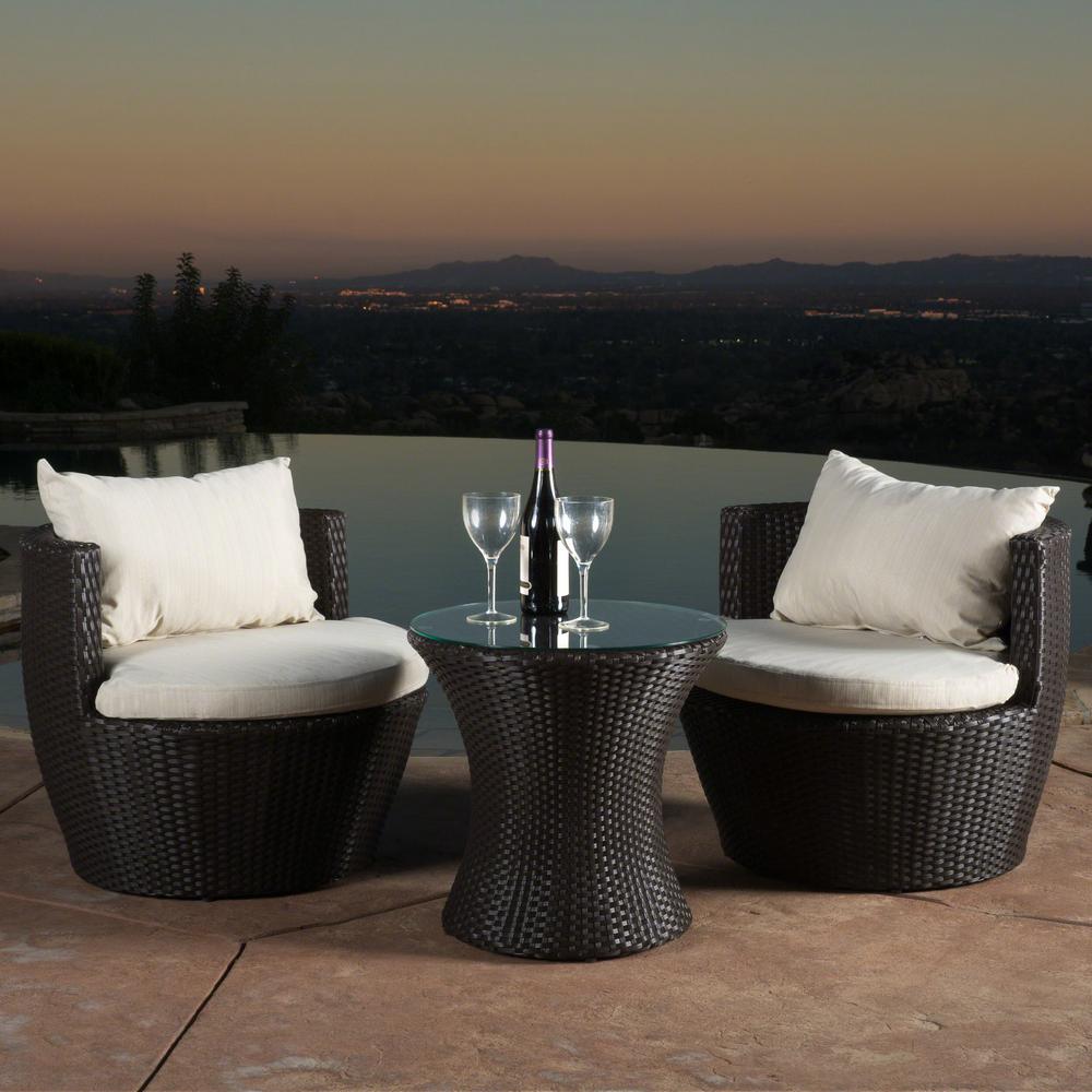 Noble House Kono Brown 3 Piece Wicker Patio Conversation Set With Noble House Kono Brown 3 Piece Wicker Patio Conversation Set With Beige Cushions
