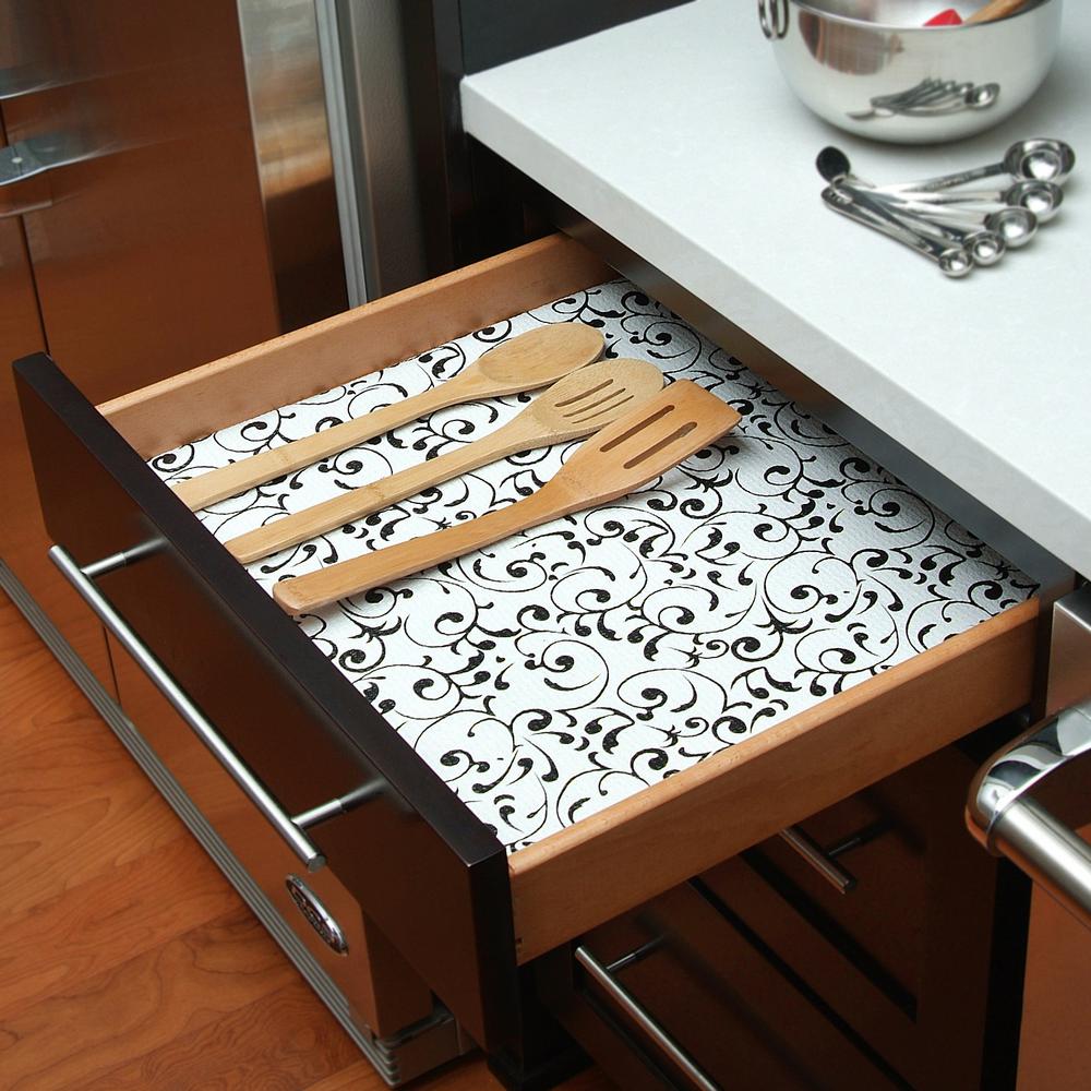 Con Tact Grip Prints Black And White Shelf Drawer Liner Set Of 6 04f C7hr6 06 The Home Depot Con Tact Grip Prints Black And White, Kitchen Cabinet Shelf Liner Home Depot