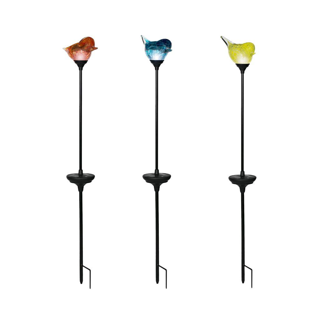 Solar Assorted Colors LED Blown Glass Birds Path Light (3Pack
