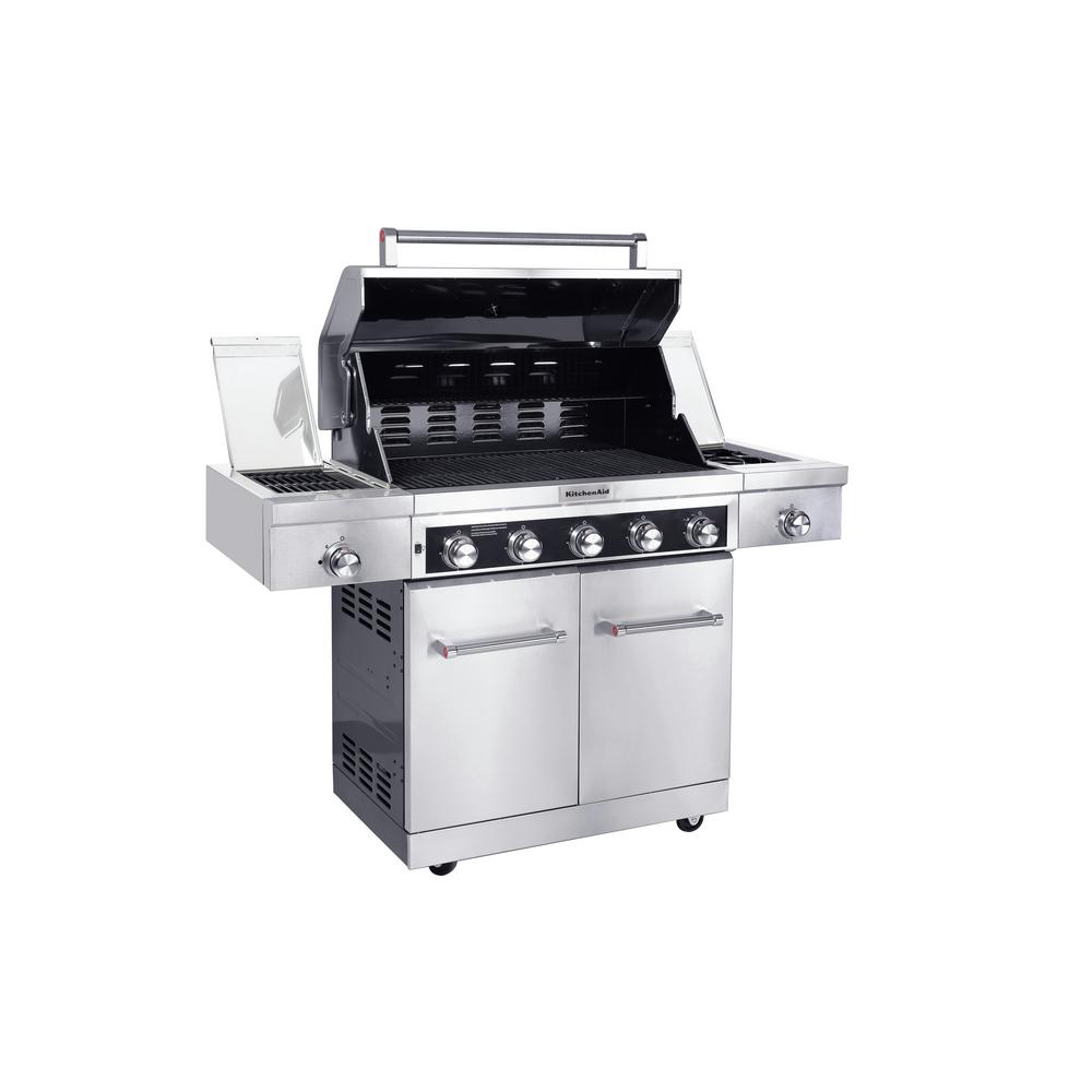 Kitchenaid 5 Burner Propane Gas Grill In Stainless Steel With Sear And Side Burners Cover