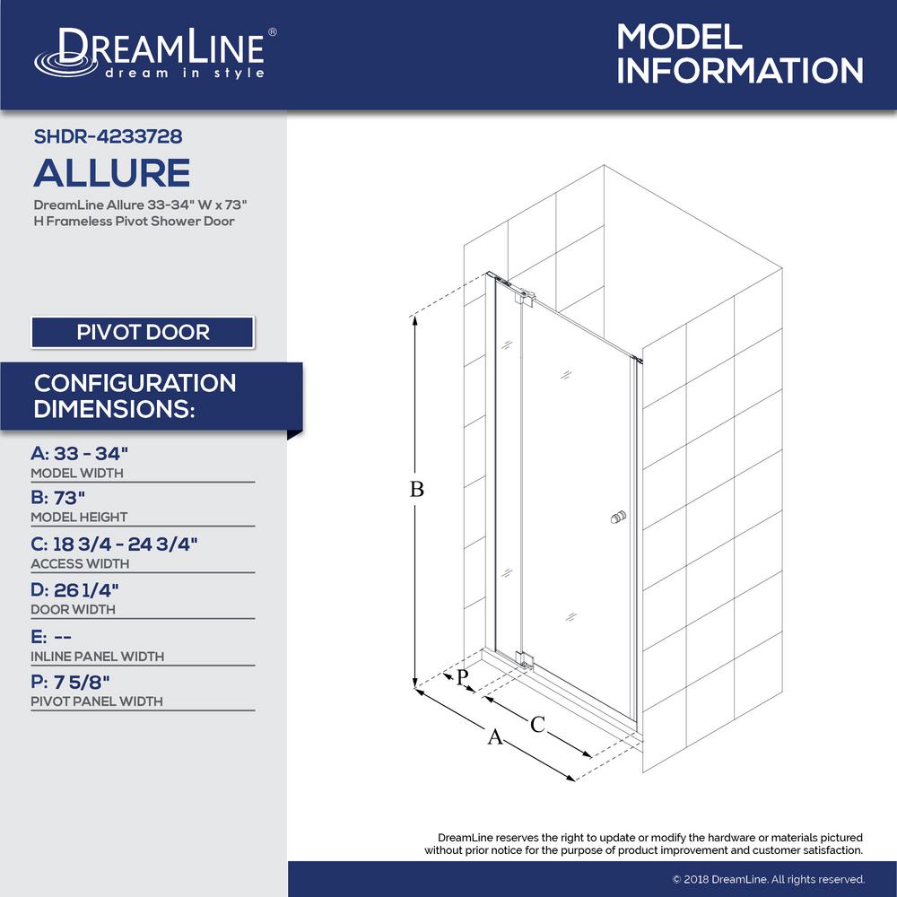Dreamline Allure 33 In To 34 In X 73 In Semi Frameless Pivot