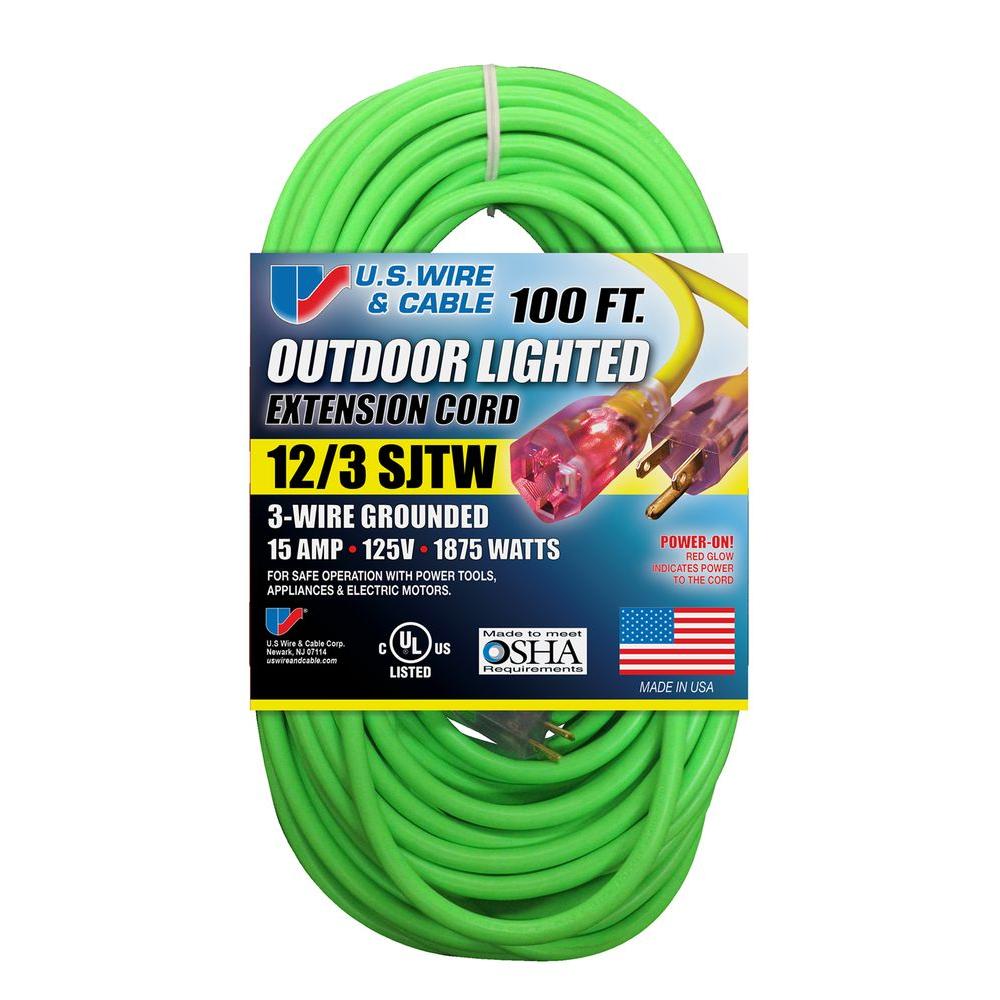 U.S. Wire & Cable 100 ft. 12/3 Fluorescent Lighted Extension Cord Green96100GRL The Home Depot