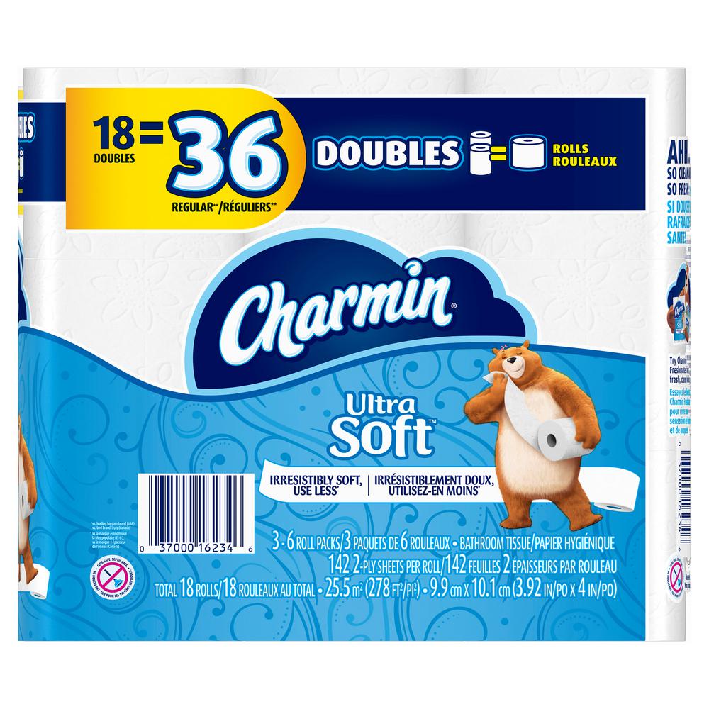 Charmin Ultra Soft Toilet Paper 18 Double Rolls 003700073130 The Home Depot