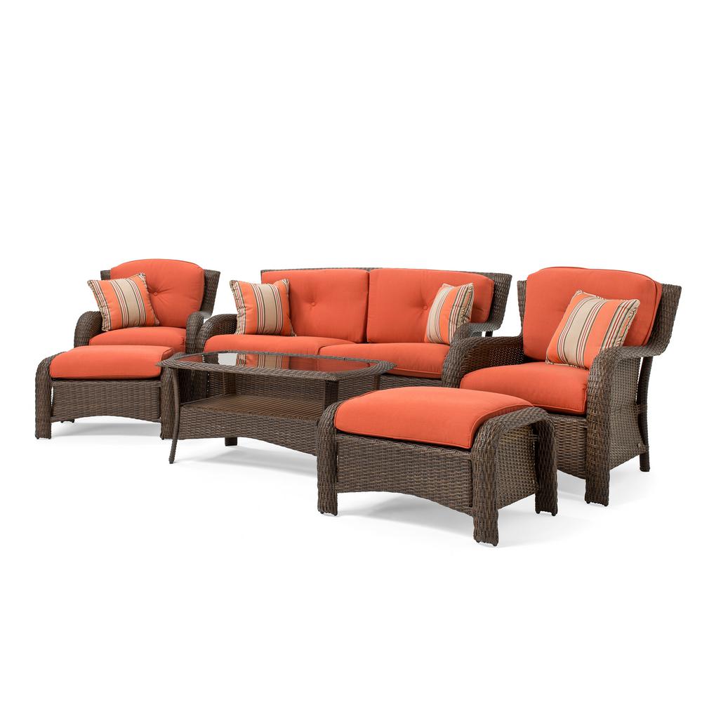 Rustic Sunbrella Patio Furniture Outdoors The Home Depot Sawyer 6 Piece Wicker Outdoor Seating Set With Sunbrella Spectrum Grenadine Cushion