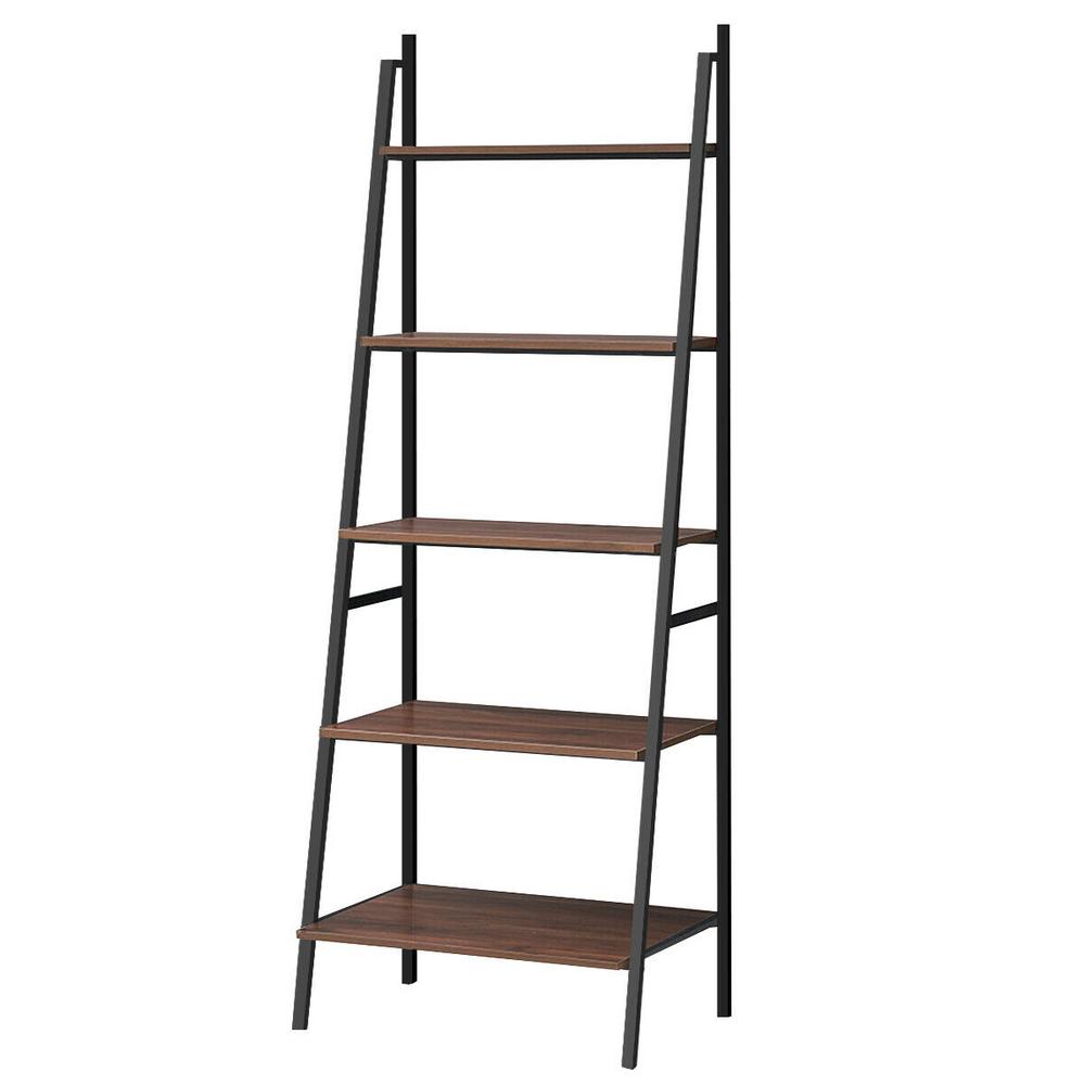 Costway 71 in. Polar Brown Wood 5Shelf Leaning Bookcase with Shelves