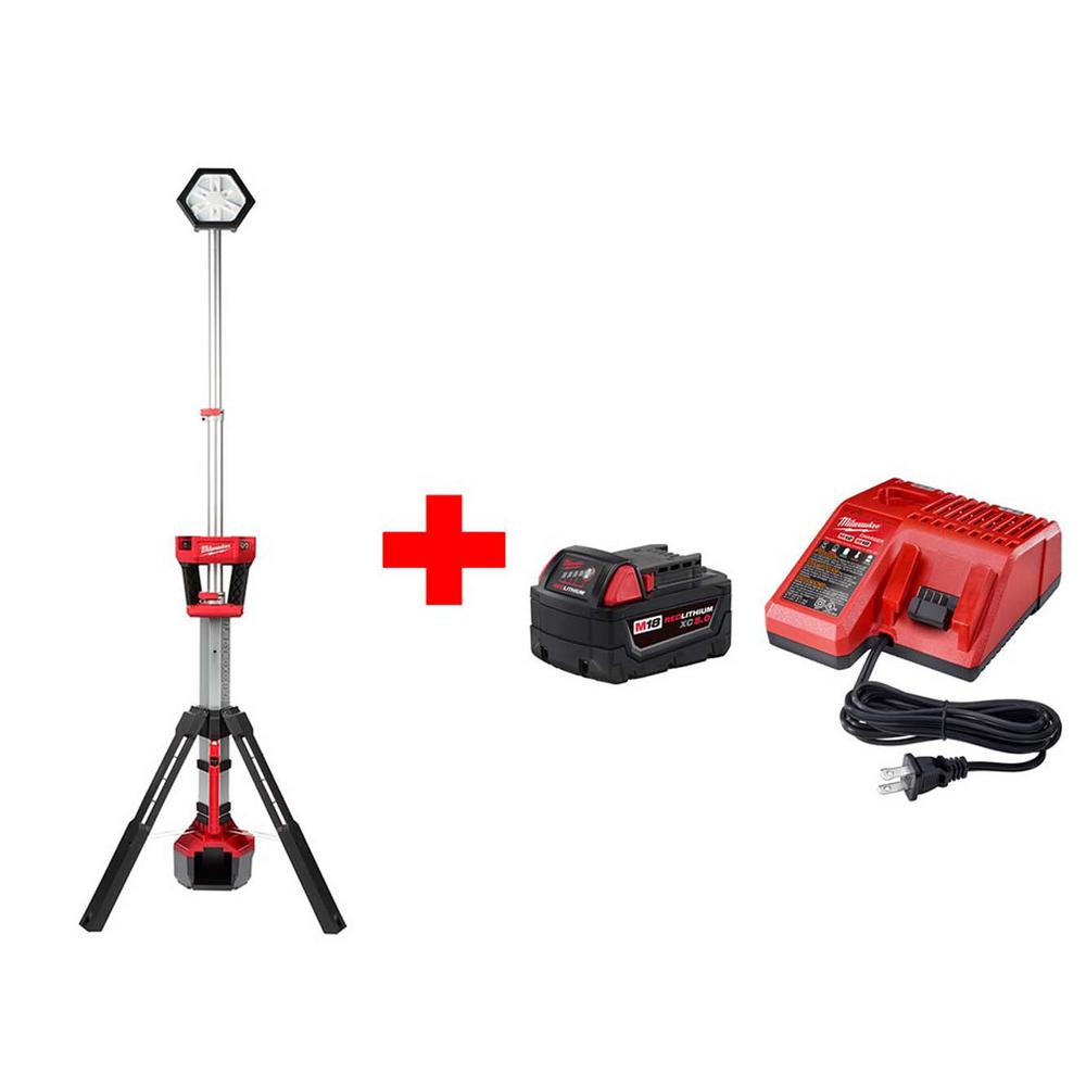 Milwaukee M18 Rocket Dual Power Tower Light + Battery and Charger Bundle