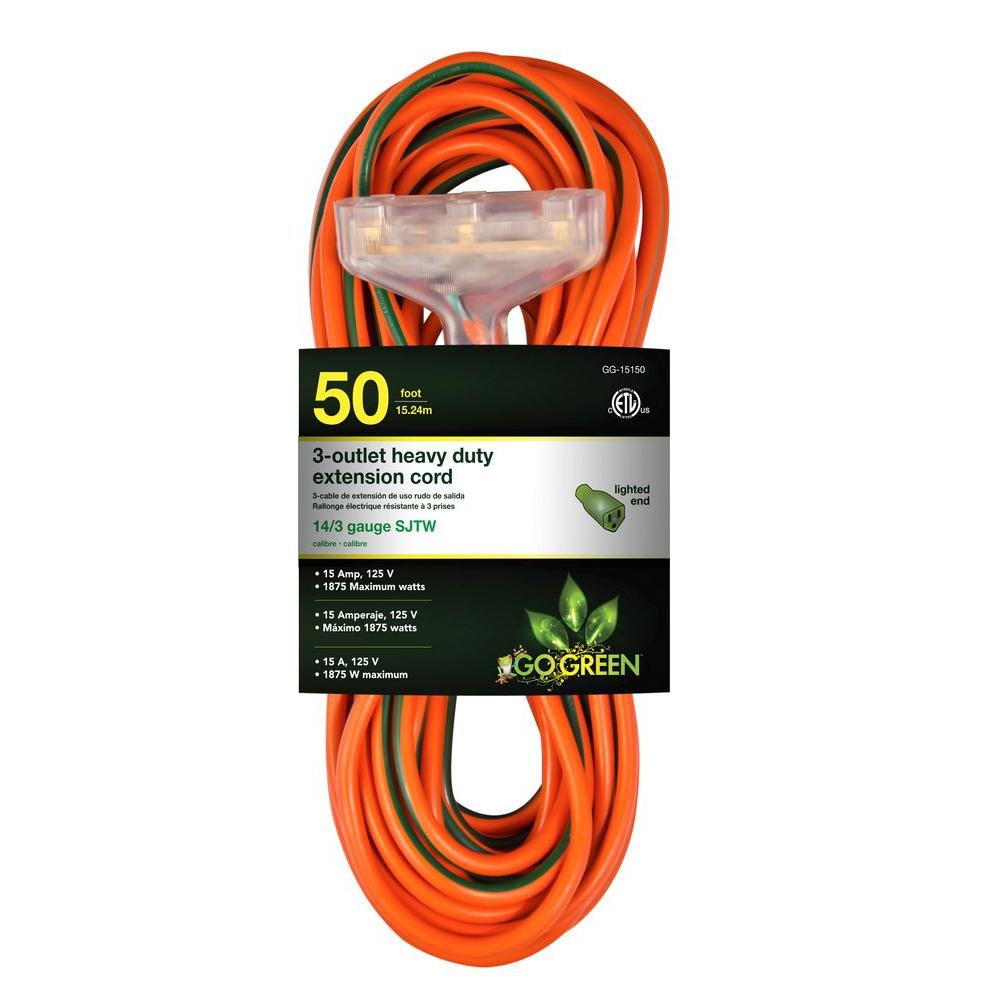Go Green Power 50 ft. 3-Outlet 14/3 Heavy Duty Extension ...